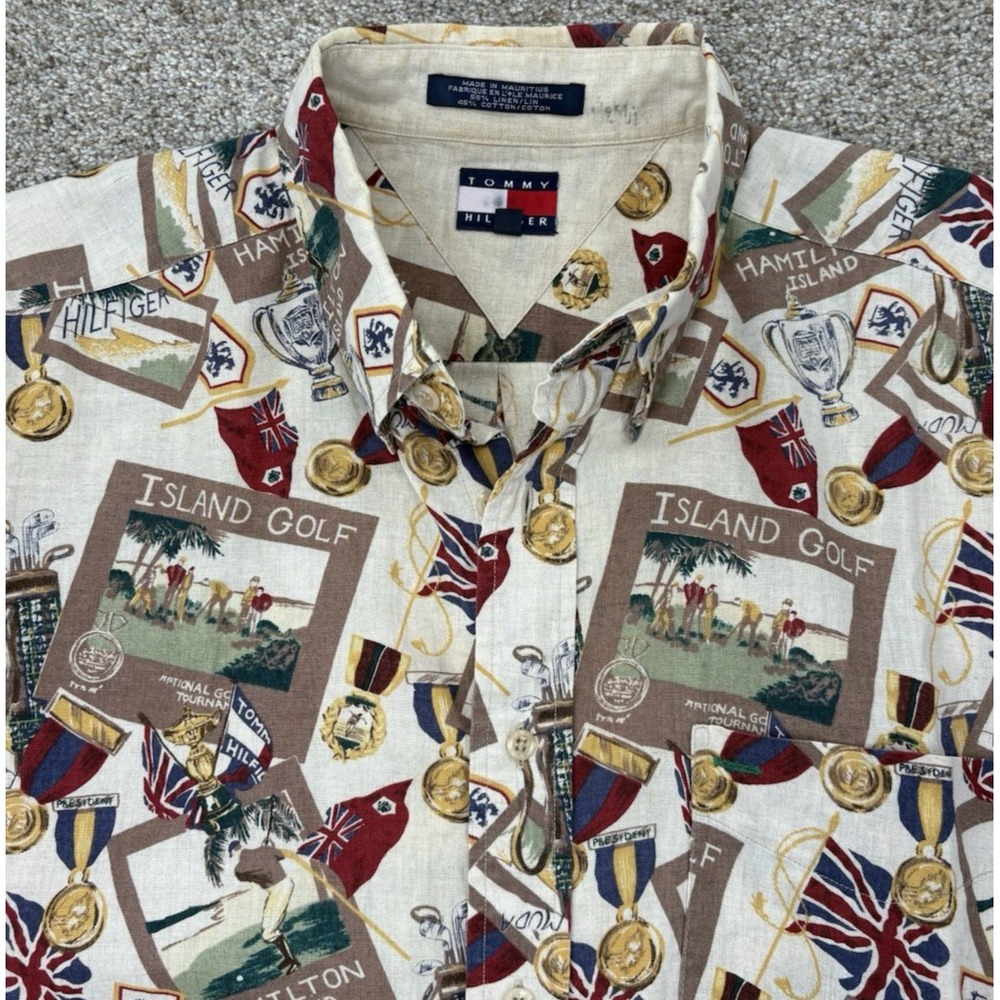 Tommy Hilfiger Linen Blend Button Up S/S Shirt Mens L Beige Hamilton Island Golf